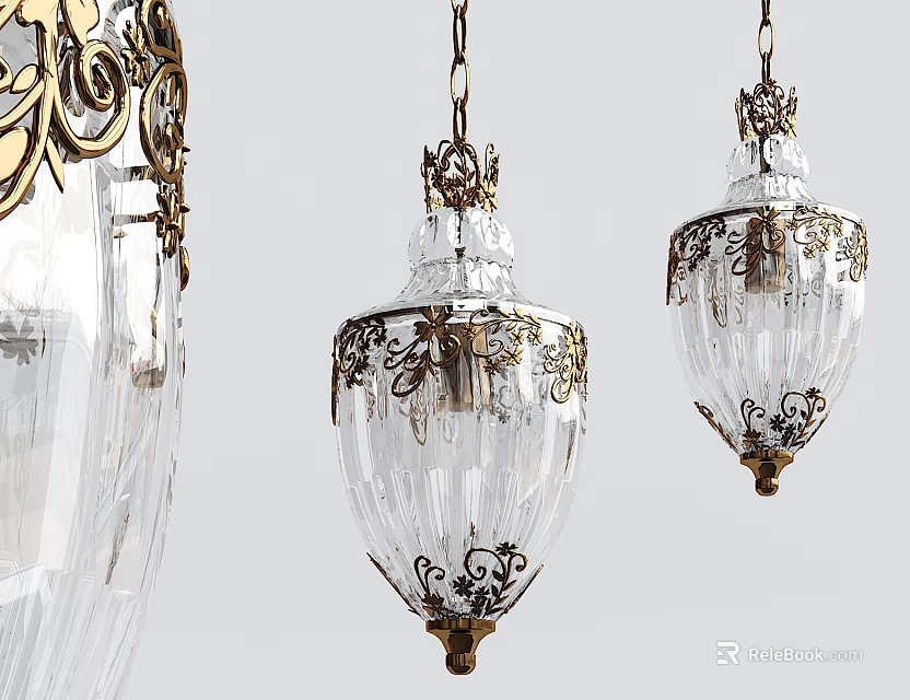 Elegant Ornate Crystal Chandeliers With Golden Decorative Carvings And Glass Shades 3d model 