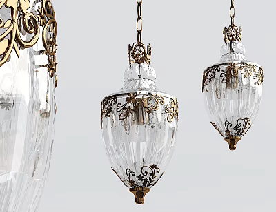 Elegant Ornate Crystal Chandeliers With Golden Decorative Carvings And Glass Shades 3d model