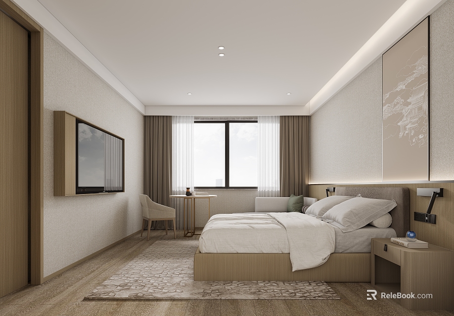 Modern Hotel Guest Room Interior With Comfortable Bed TV Window Curtains And Decorative Painting 3d model 