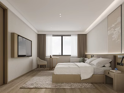 Modern Hotel Guest Room Interior With Comfortable Bed TV Window Curtains And Decorative Painting 3d model