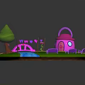 Colorful Cartoon Scene With Green Grass Pink Bridge Blue Stream And Purple Benches