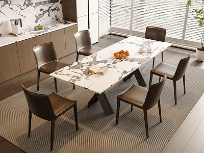 Modern Luxury Dining Table Set With Marble Top And Black Chairs In Open Kitchen 3d model