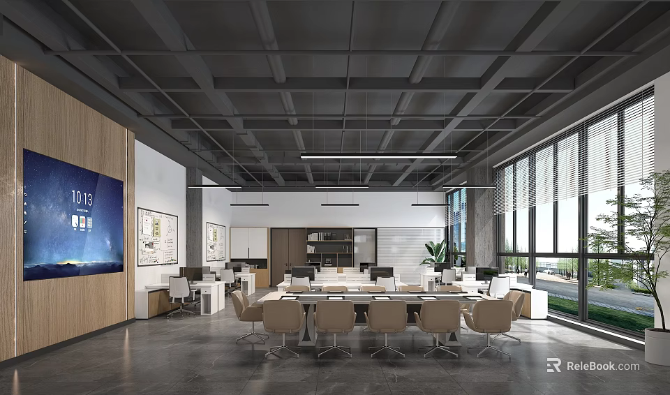 Modern Public Office Space With Open Layout Desks Chairs Large Windows And Natural Light 3d model 