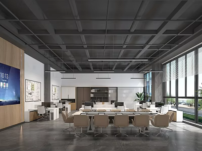 Modern Public Office Space With Open Layout Desks Chairs Large Windows And Natural Light 3d model
