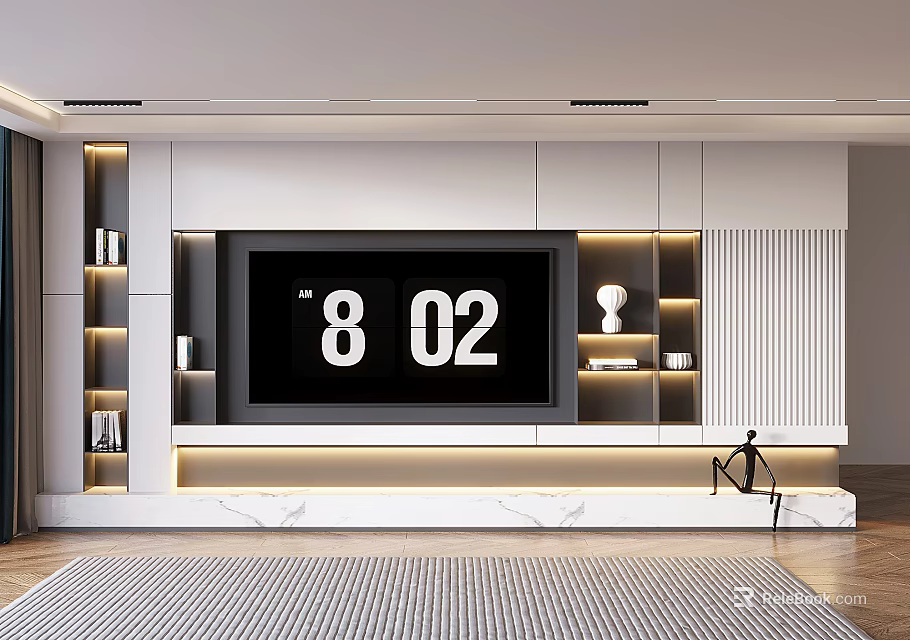 Modern TV Cabinet Design With LED Lighting Shelves Decorative Vases And Marble Base 3d model 