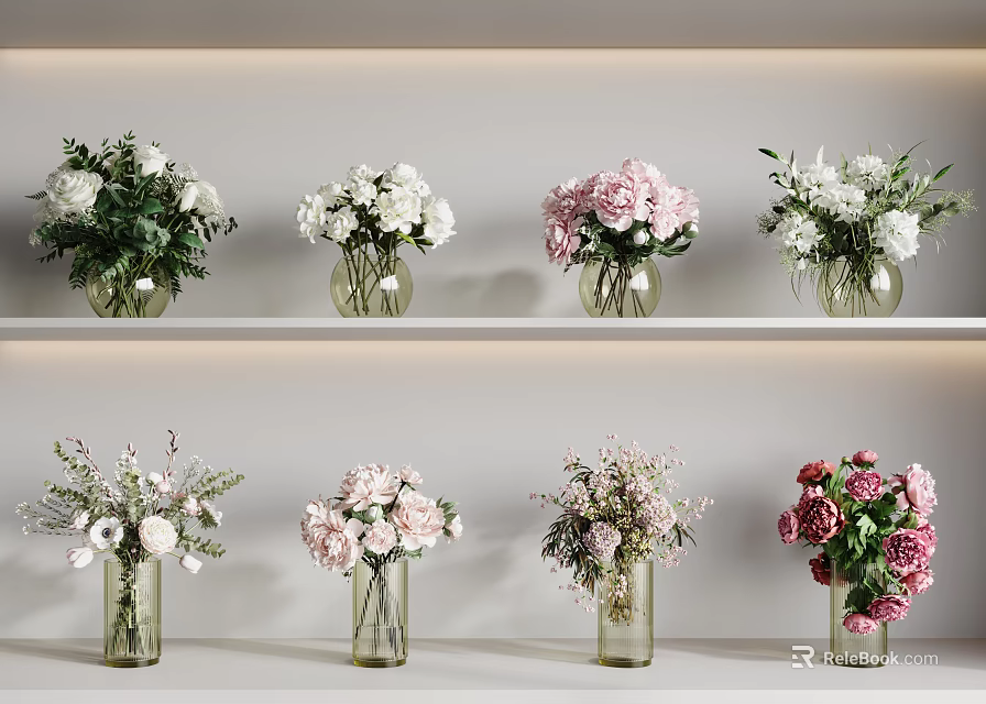 Various Glass Vases With Colorful Flowers Displayed On White Shelves For Home Decor 3d model 