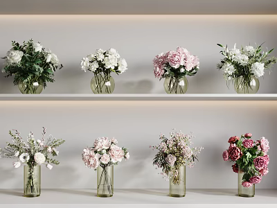 Various Glass Vases With Colorful Flowers Displayed On White Shelves For Home Decor 3d model