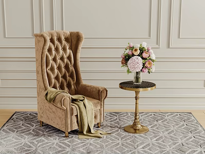 Tufted Beige Wingback Armchair With Draped Blanket Round Side Table Flowers Light Wall Geometric Rug 3d model