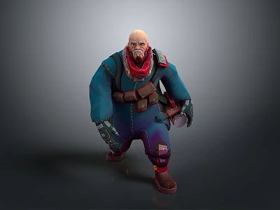 Bald Bearded Muscular 3D Character With Blue Coat Red Scarf And Mechanical Gloves 3d model