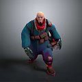Bald Bearded Muscular 3D Character With Blue Coat Red Scarf And Mechanical Gloves