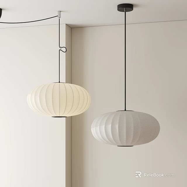 Two Modern Minimalist Lantern Shaped Fabric Pendant Lights For Interior Ceiling 3d model 