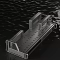 Perforated Metallic Bracket Structure with Multiple Shelves on Black Water Surface