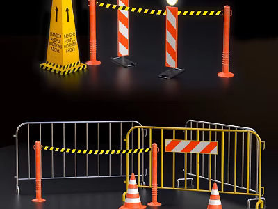 Public Facilities For Construction Sites With Traffic Cones Metal Barriers And Caution Tape 3d model