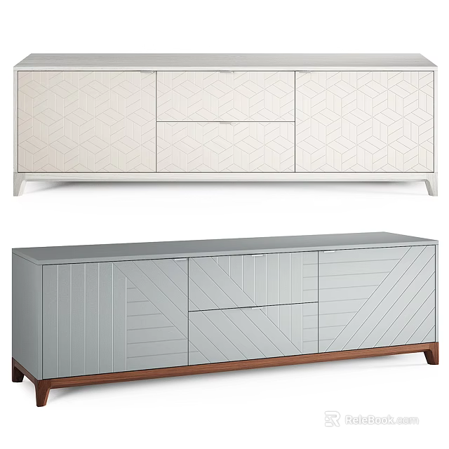 Modern TV Cabinets with Geometric Patterns White Finish and Gray Striped Design Wooden Base 3d model 