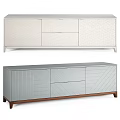 Modern TV Cabinets with Geometric Patterns White Finish and Gray Striped Design Wooden Base