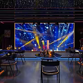 Modern Bar Interior With Neon Decor City Skyline View And Blue Lighting