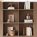 Decorative Ornaments Set On Wooden Shelf With Books And Glass Jars