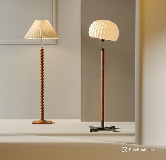 Modern Floor Lamps with Pleated Shades Wooden And Metal Bases in Minimalist Room 3d model 