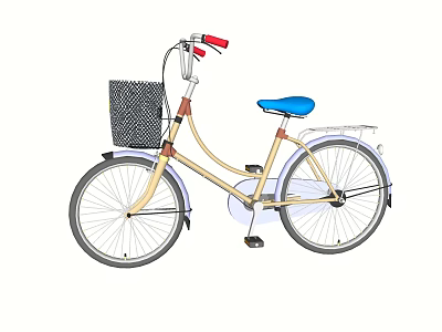 Light Colored Bicycle with Red Grips Black Checkered Basket Blue Seat and Rear Rack 3d model