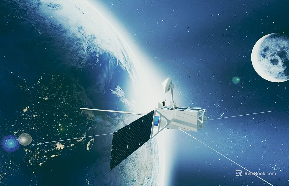 Satellite Orbiting Earth With Moon And Stars In Outer Space 3d model 