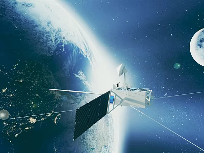 Satellite Orbiting Earth With Moon And Stars In Outer Space 3d model