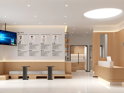 Modern Medical Waiting Area With Wooden Reception Desk Doctor Introduction Wall And TV 3d model