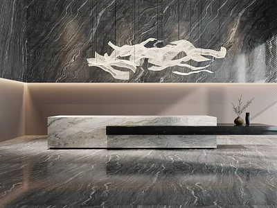 Modern Reception Desk Design With Marble Texture And Abstract Wall Decor 3d model