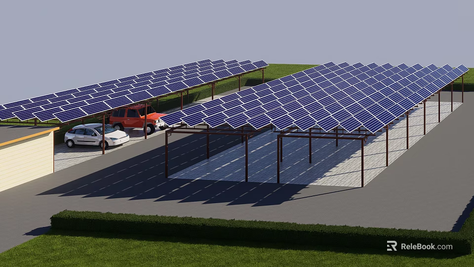 Solar Panel Covered Carport System For Vehicle Parking With Grass Area And Gray Ground 3d model 