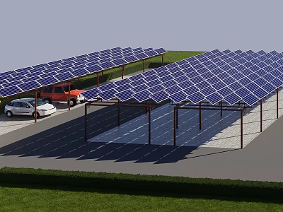 Solar Panel Covered Carport System For Vehicle Parking With Grass Area And Gray Ground 3d model