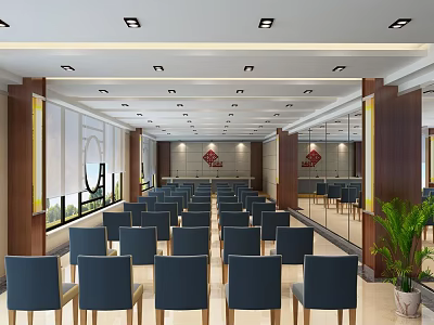 Spacious Conference Room With Blue Chairs Wooden Decor Large Windows And Ceiling Lights 3d model