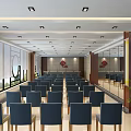 Spacious Conference Room With Blue Chairs Wooden Decor Large Windows And Ceiling Lights