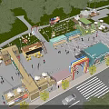 Scenic Night View of Commercial Square with Bright Lights Crowd Shops and Trees
