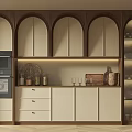 Elegant Wine Cabinet Interior With Arched Glass Doors Wooden Frame Cream Panels And Ambient Lighting