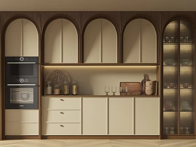 Elegant Wine Cabinet Interior With Arched Glass Doors Wooden Frame Cream Panels And Ambient Lighting 3d model