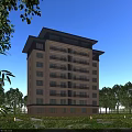 Modern Mid Rise Residential Building With Balconies Light Colored Exterior And Surrounding Trees Lawns