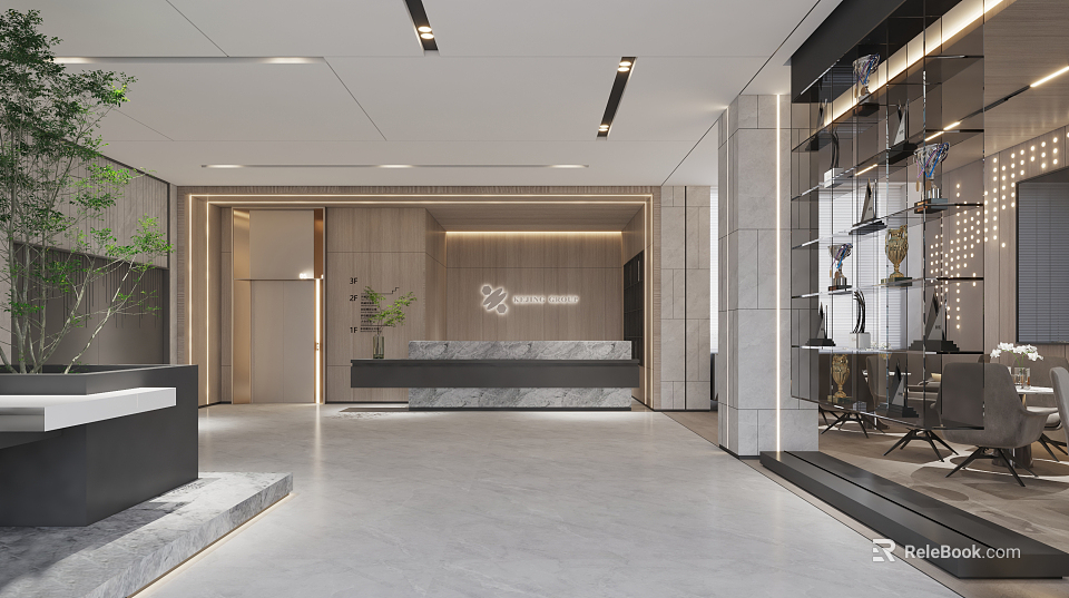 Modern Reception Desk With Wooden Walls Green Plants And Glass Display Cabinets 3d model 