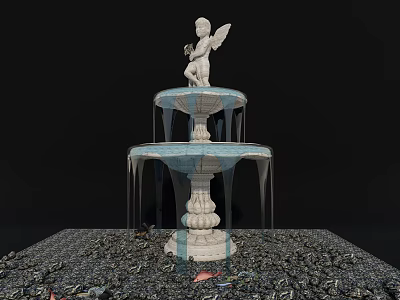 White Three Tiered Garden Fountain With Angel Statue And Gravel Base 3d model