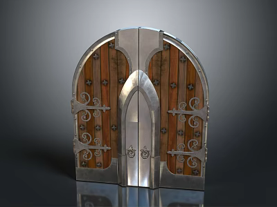 Antique Arched Double Door With Wooden Panels And Ornate Metal Decorations 3d model