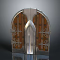Antique Arched Double Door With Wooden Panels And Ornate Metal Decorations