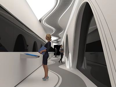 Modern Office Corridor With Curved Architecture Ambient Lighting White Counters And People Walking 3d model