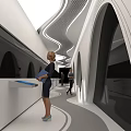 Modern Office Corridor With Curved Architecture Ambient Lighting White Counters And People Walking