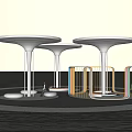 Modern Outdoor Seating Space With White Circular Canopies Supporting Pillars And Seats Near Water