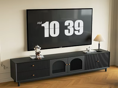 Black TV Stand With Large Screen TV Decorative Items And Table Lamp In Living Room 3d model