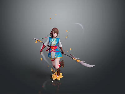 Woman in Traditional Blue Red Outfit Holding Spear with Falling Yellow Leaves 3d model Woman in Traditional Blue Red Outfit Holding Spear with Falling Yellow Leaves 3d model