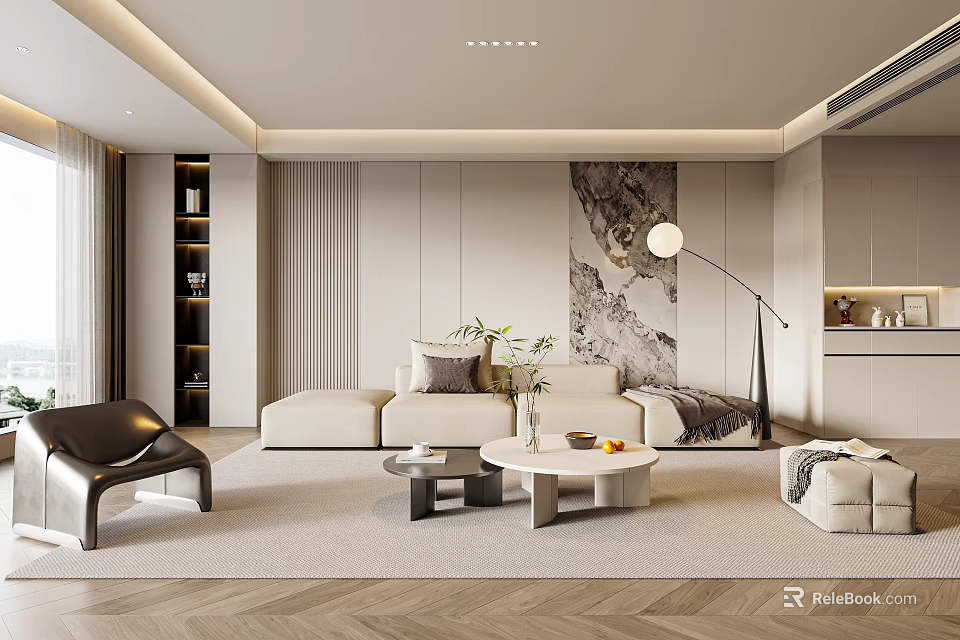 Modern Living And Dining Area Interior With Beige Sofa Round Coffee Table And Floor Lamp 3d model 
