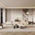 Modern Living And Dining Area Interior With Beige Sofa Round Coffee Table And Floor Lamp