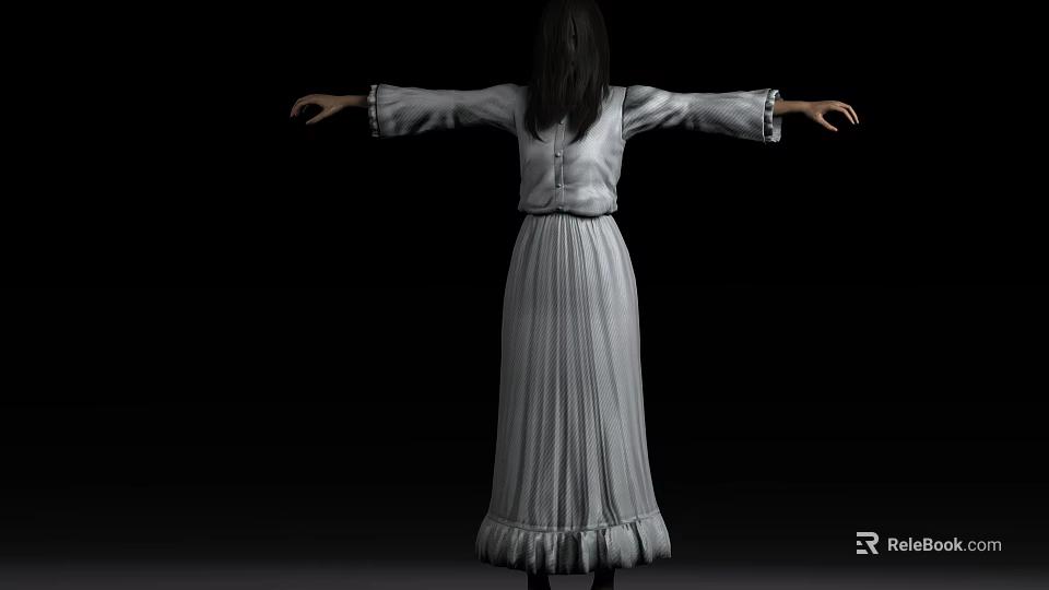 Game Movie Character Female Back View With White Long Dress Arms Outstretched Against Black Background 3d model 