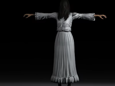Game Movie Character Female Back View With White Long Dress Arms Outstretched Against Black Background 3d model
