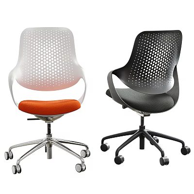 White And Black Office Chairs With Perforated Backrests Orange And Dark Seats And Wheeled Bases 3d model