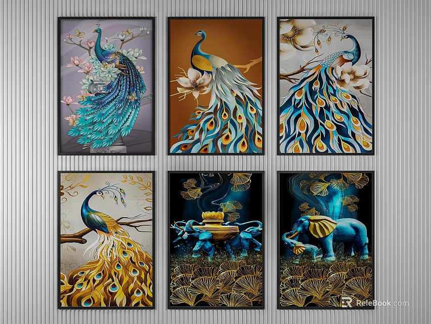 Animal Paintings Featuring Peacocks and Elephants With Decorative Gold Blue Tones and Floral Patterns 3d model 